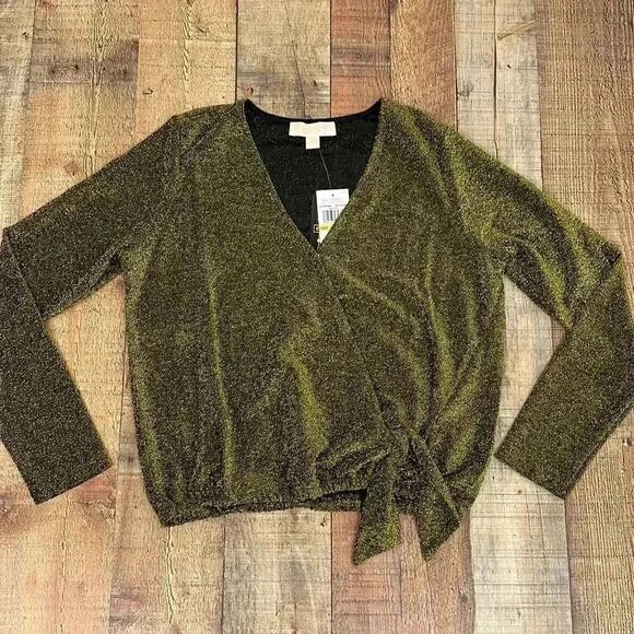 NWT Michael Kors Faux Tie Wrap Black/Gold Blouse - Picture 3 of 9